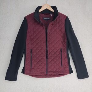 Andrew Marc Jacket Womens M Quilted Zip Front Burgundy Black Long Sleeve Pockets